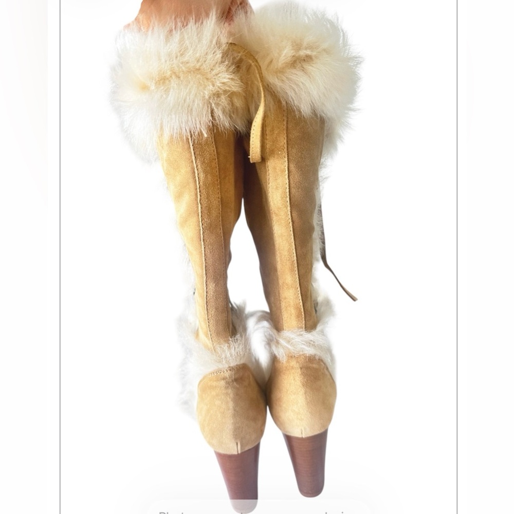Faux Fur Lace-Up Knee-High Winter Coach Boots - Tan size 7.5 - Picture 4 of 9